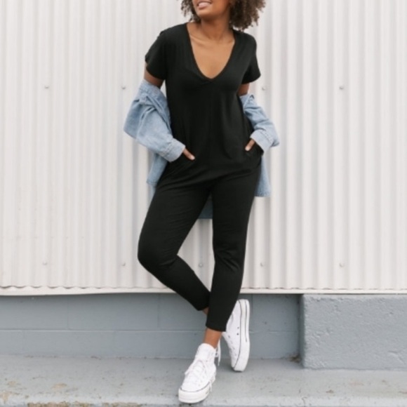 Smash + Tess Sunday Romper Vneck Black Bamboo Cotton Jumpsuit Size Small - Picture 1 of 9